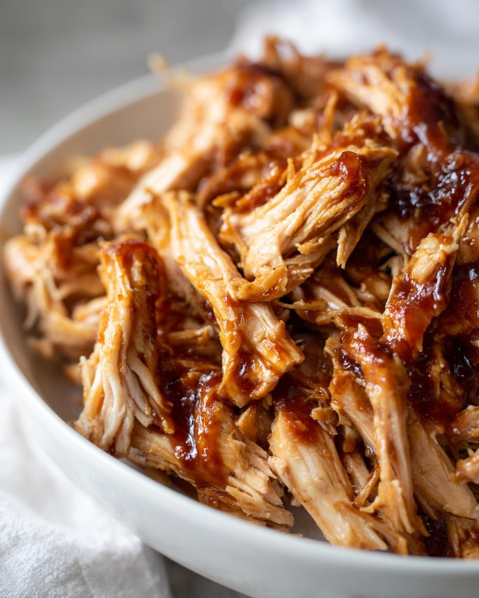 Close-up of shredded crockpot teriyaki chicken coated in rich teriyaki sauce, served in a white bowl.