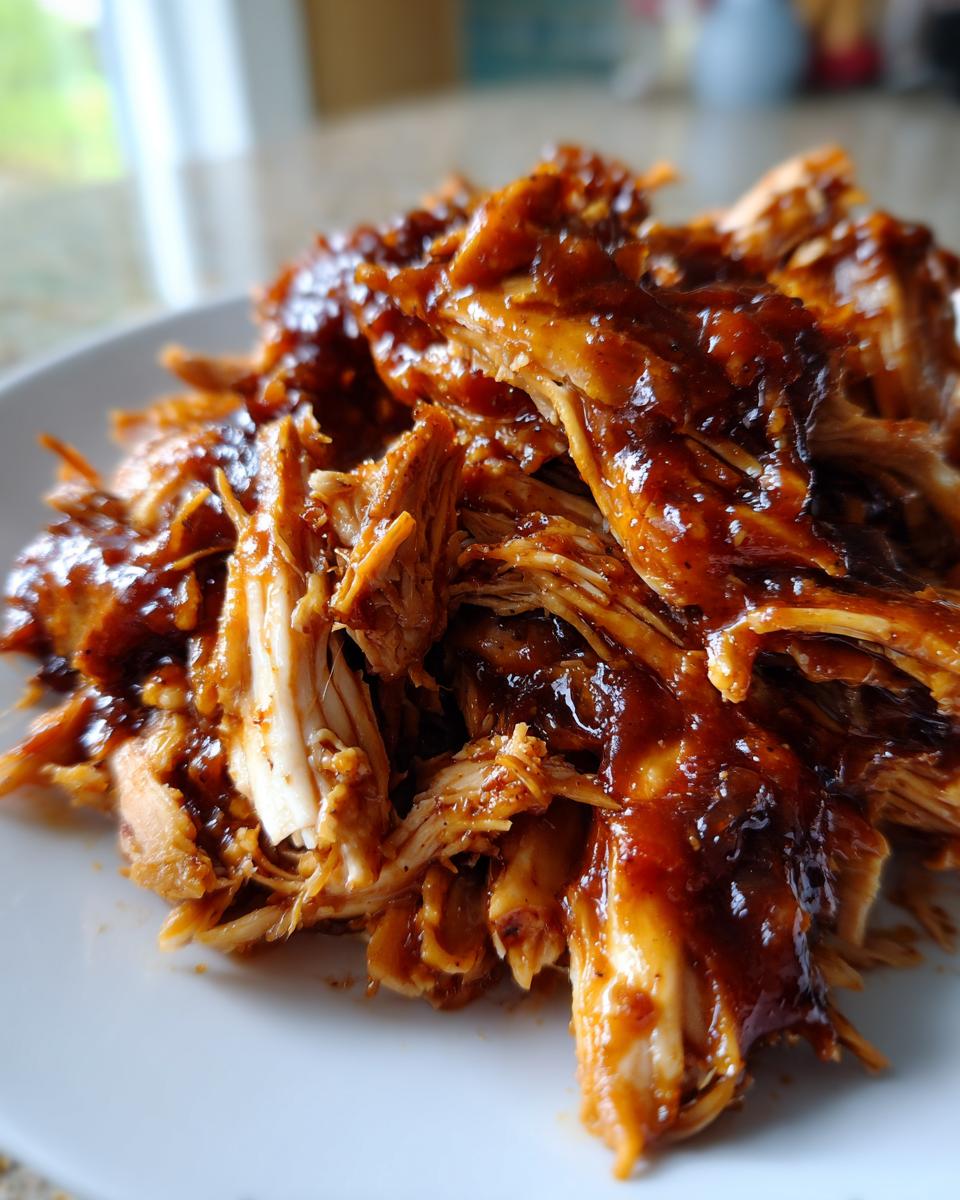 Close-up of moist, shredded crockpot teriyaki chicken coated in a glossy, dark teriyaki sauce on a white plate.
