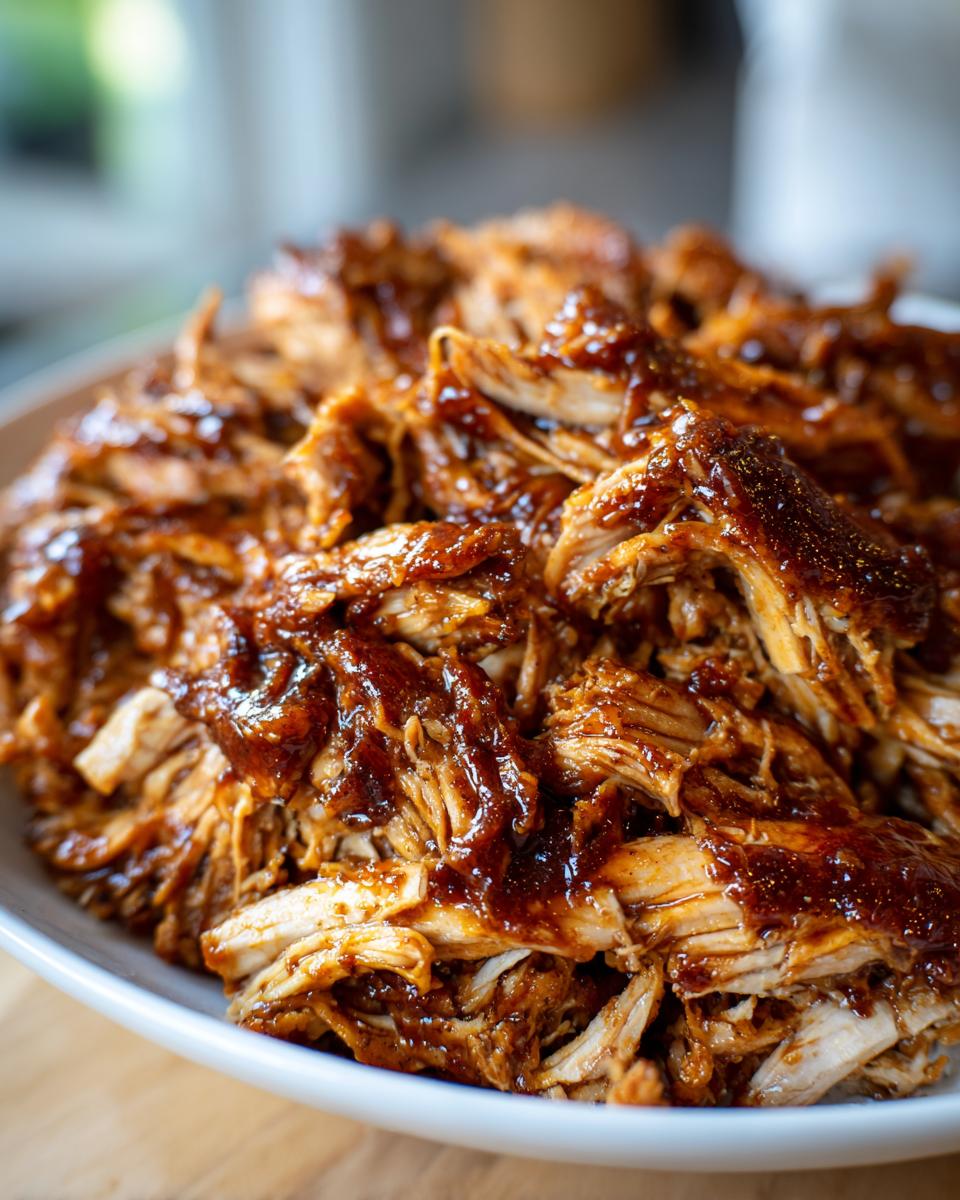 Close-up of shredded crockpot teriyaki chicken coated in a thick, glossy teriyaki sauce in a white bowl.