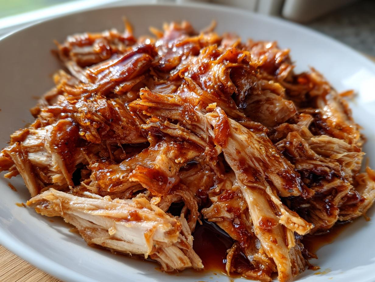 Close-up of tender, shredded crockpot teriyaki chicken coated in a glossy, dark sauce on a white plate.