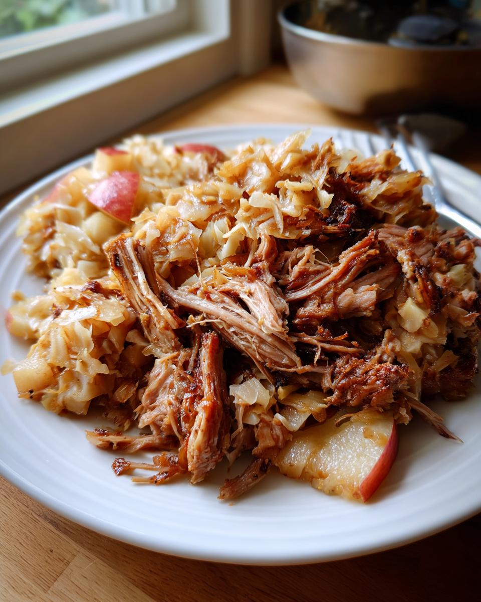 A close-up of shredded pork and sauerkraut mixed with chunks of red apple served on a white plate.