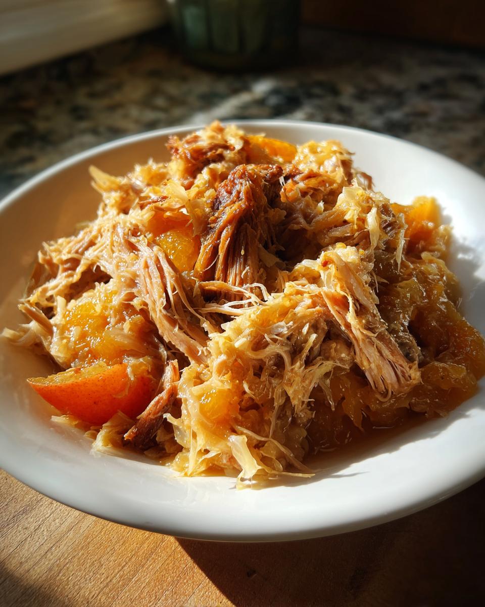Close-up of tender, shredded pork and sauerkraut mixture served on a white plate, highlighting the rich color of the pork and sauerkraut.