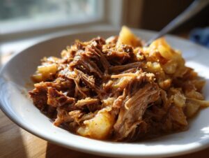 Close-up of shredded pork and sauerkraut served in a white bowl, highlighted by bright natural light.