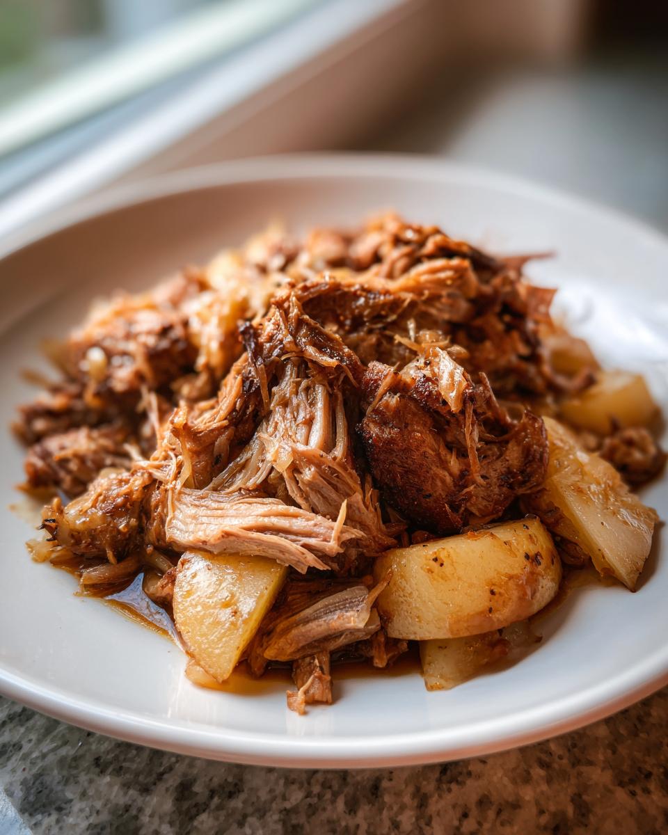A close-up serving of tender, shredded pork and sauerkraut mixed with golden potato wedges on a white plate.