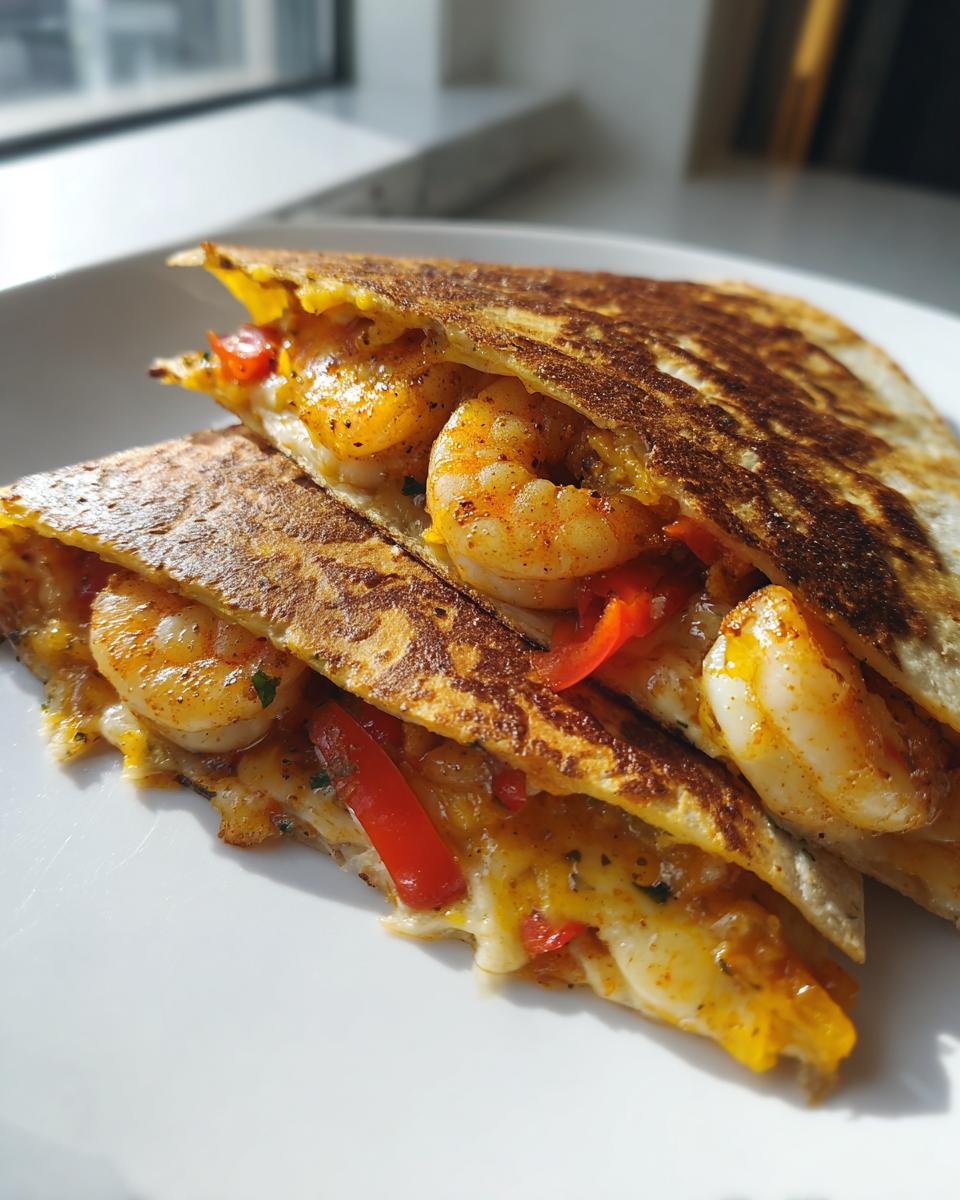 Two halves of a golden-brown shrimp quesadilla filled with seasoned shrimp, melted cheese, and red peppers.