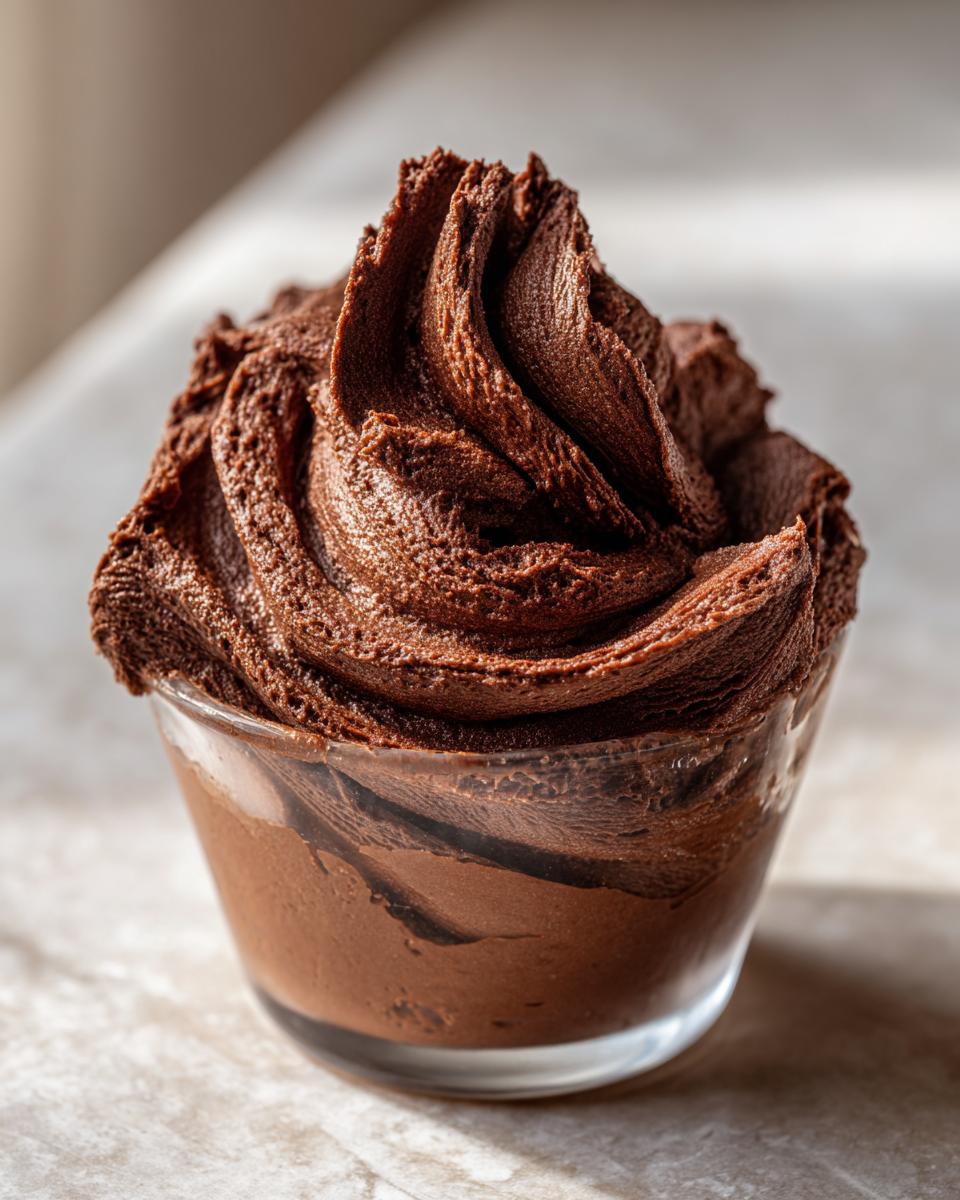 A close-up of rich, dark chocolate mousse piped high in a small glass serving dish.