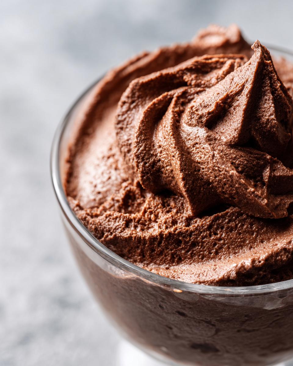 Close-up of silky chocolate mousse, perfectly piped with swirls, served in a clear glass dish.