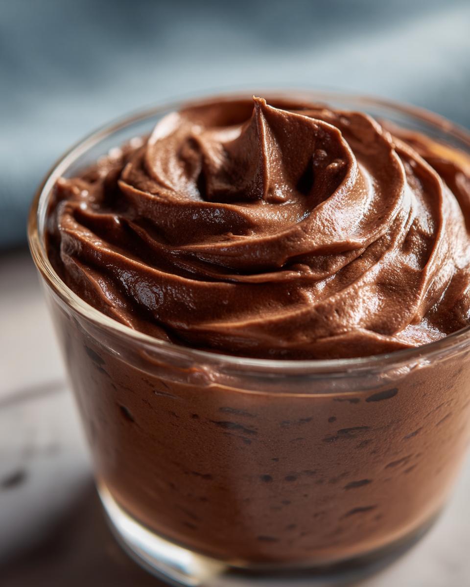 Close-up of silky chocolate mousse piped with swirls into a small clear glass.