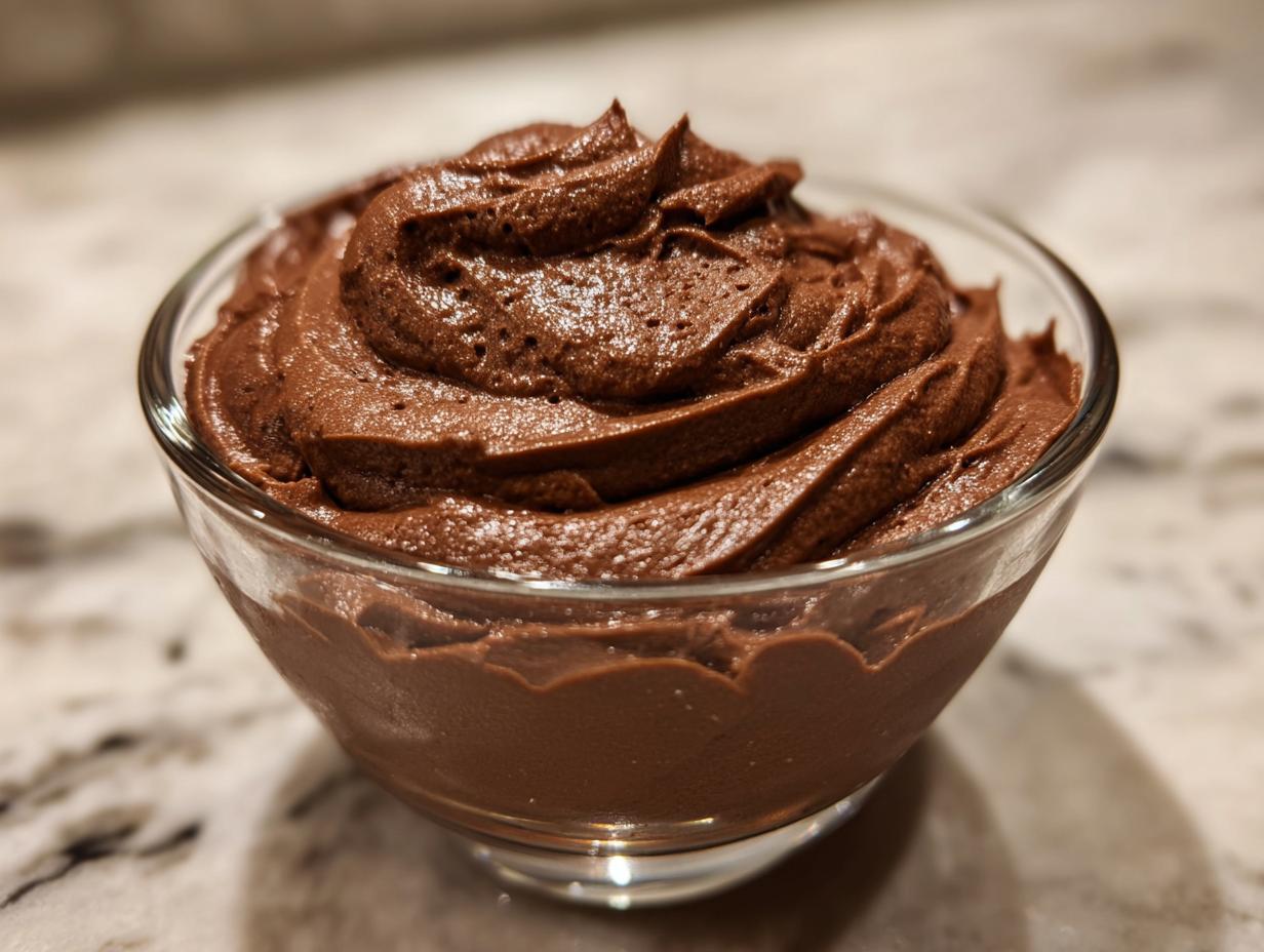 A close-up of rich, silky chocolate mousse piped or swirled high in a clear glass bowl.