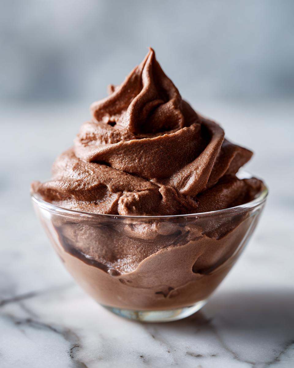 A perfectly piped swirl of silky chocolate mousse served in a small clear glass bowl on a marble surface.