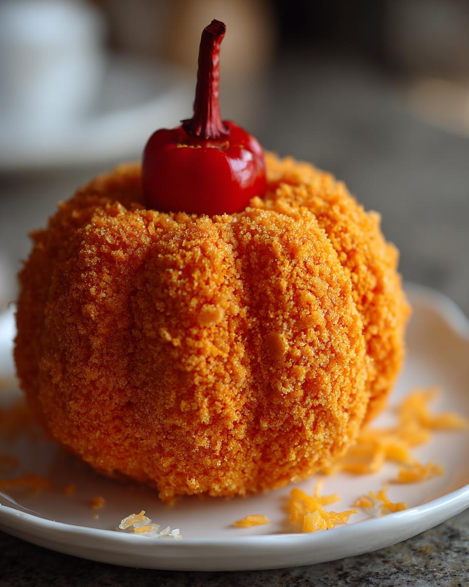 Close-up of a vibrant orange pumpkin cheese ball, coated in crumbs, topped with a red pepper stem.