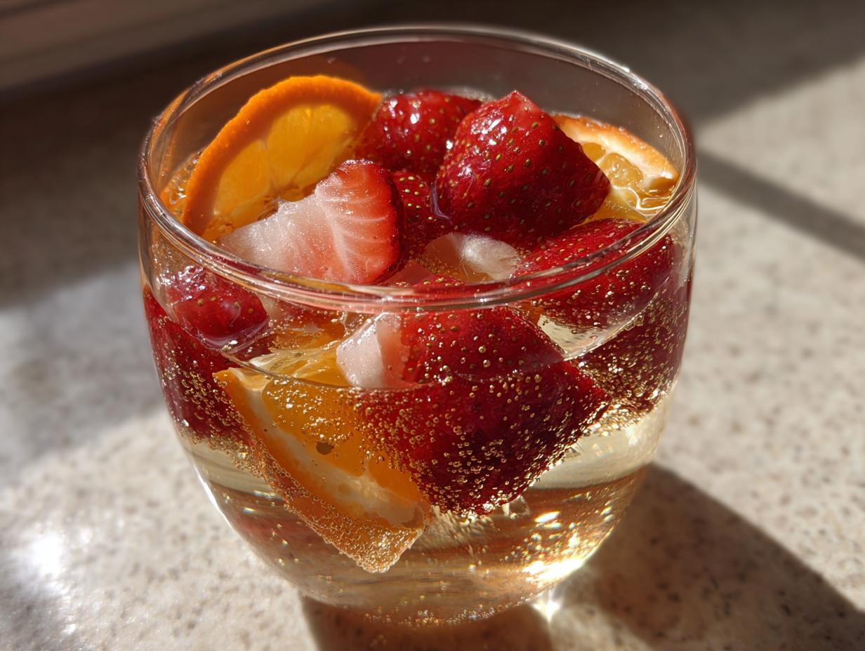 Close-up of a glass filled with sparkling champagne punch, strawberries, and orange slices.