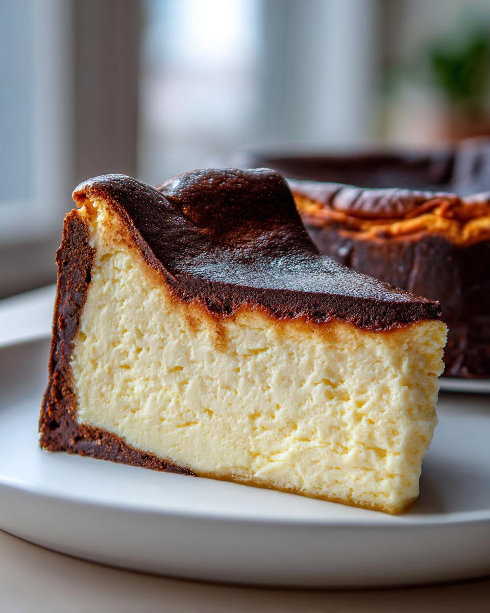 A close-up slice of creamy Basque burnt cheesecake showing the signature dark, caramelized top and rich interior.