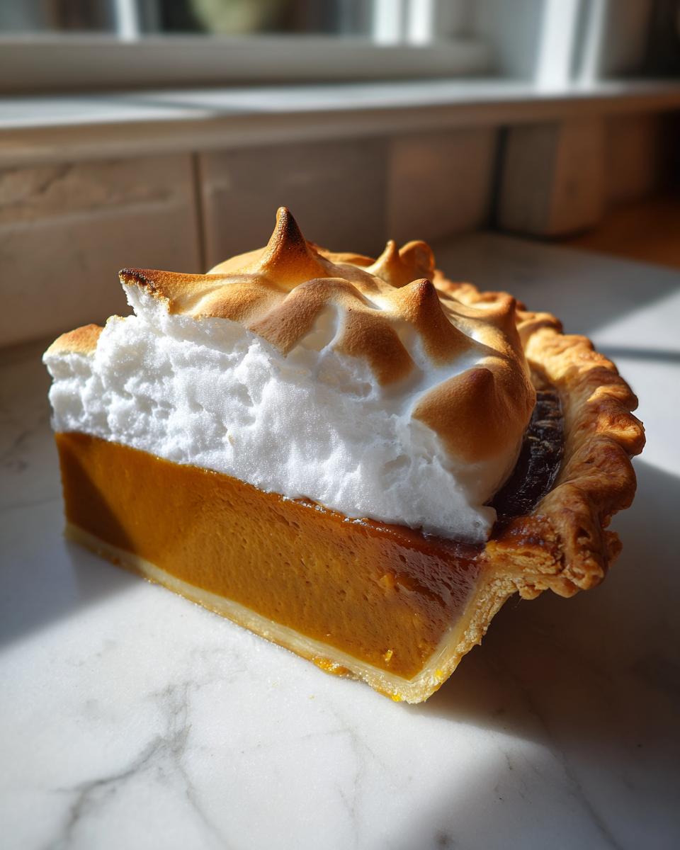 A thick slice of butterscotch pie with a rich orange filling and a tall, toasted meringue topping.