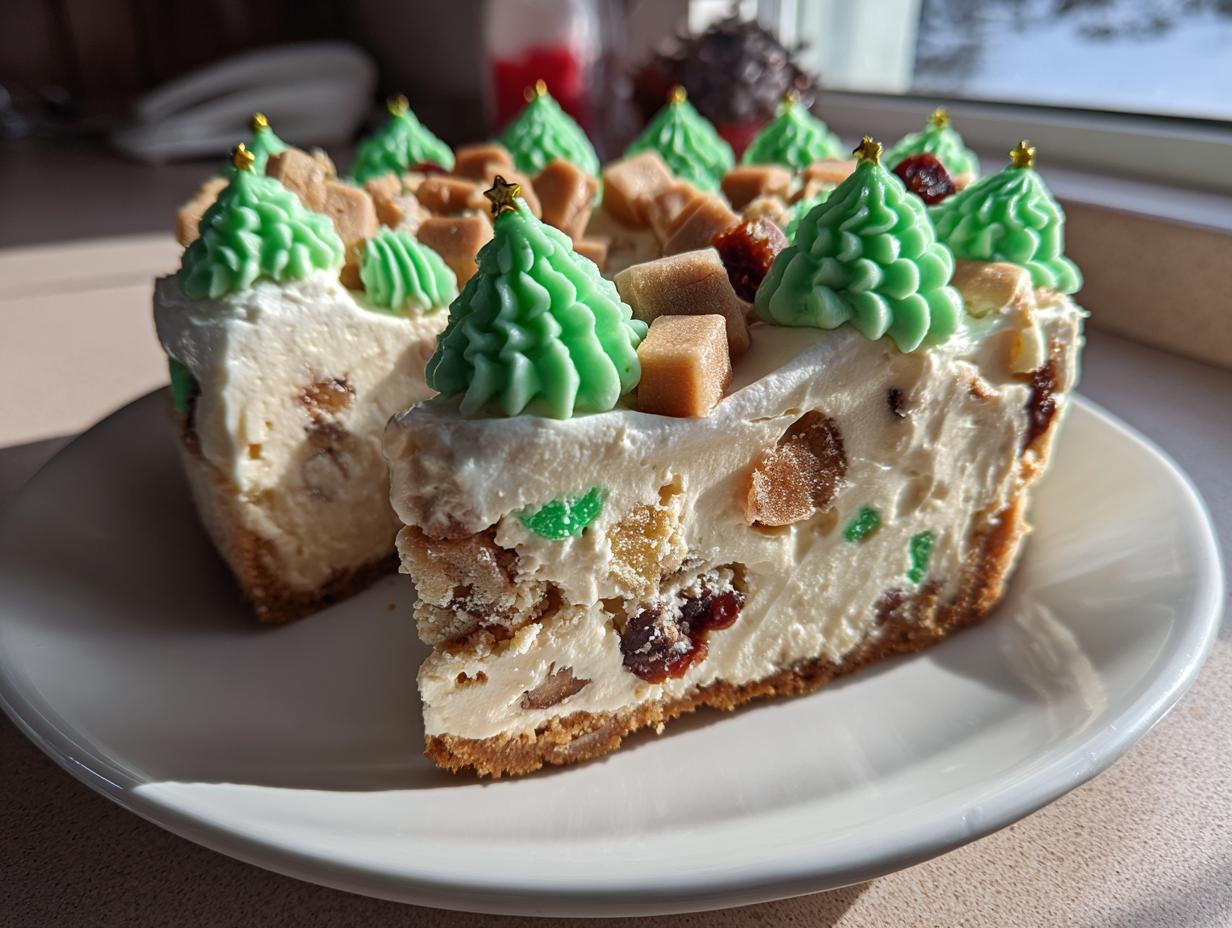 A slice cut from a rich christmas tree cheesecake, topped with green frosting trees and caramel pieces.