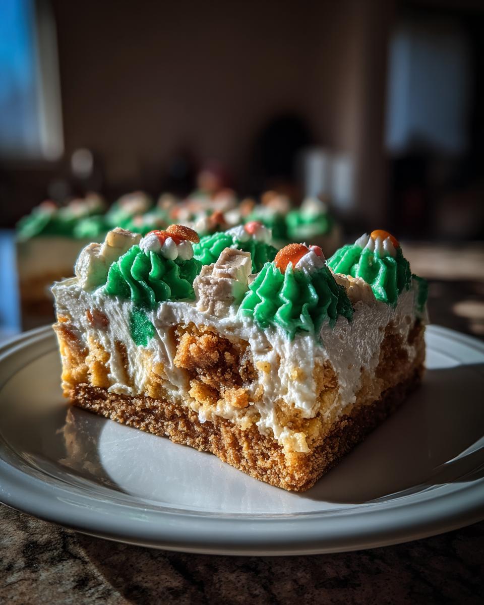 A close-up slice of christmas tree cheesecake showing a graham cracker crust, creamy filling, and green piped frosting decorations.