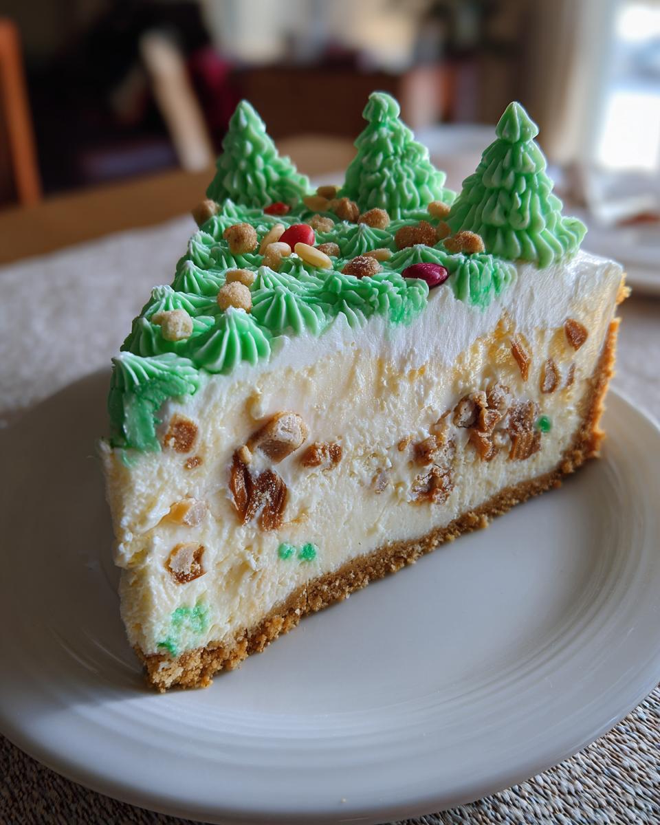 A cross-section slice of a creamy christmas tree cheesecake topped with green piped frosting trees and festive sprinkles.