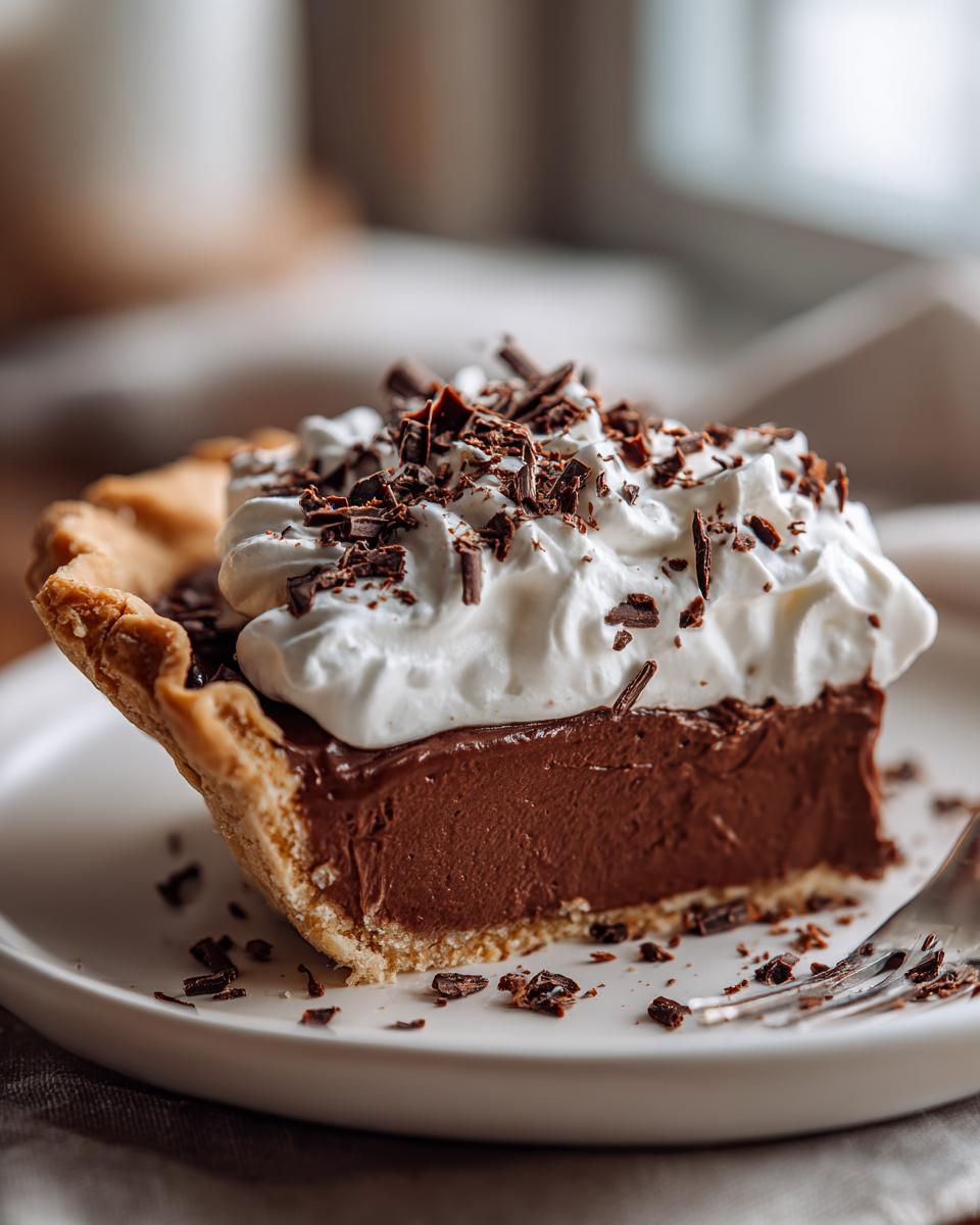 A close-up of a decadent slice of french silk pie featuring a thick chocolate filling, topped with whipped cream and chocolate shavings.