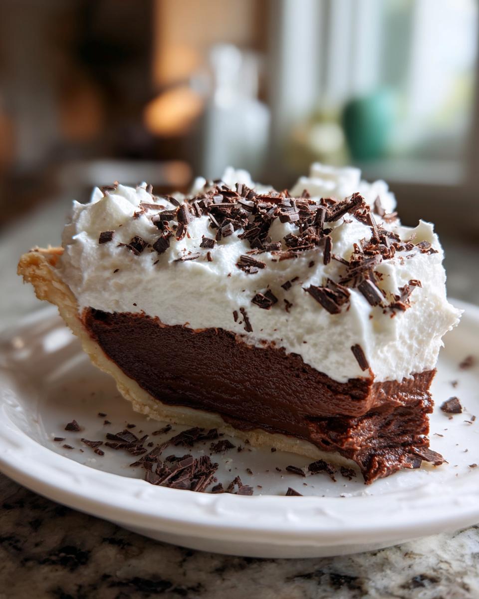 Close-up of a decadent slice of french silk pie featuring dark chocolate filling, topped with whipped cream and chocolate shavings.