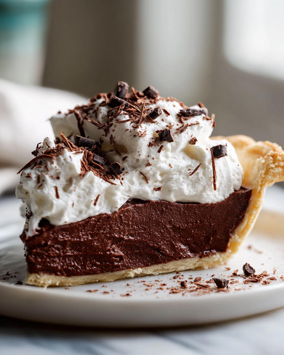 A close-up of a decadent slice of french silk pie featuring a thick chocolate filling, topped with whipped cream and chocolate shavings.