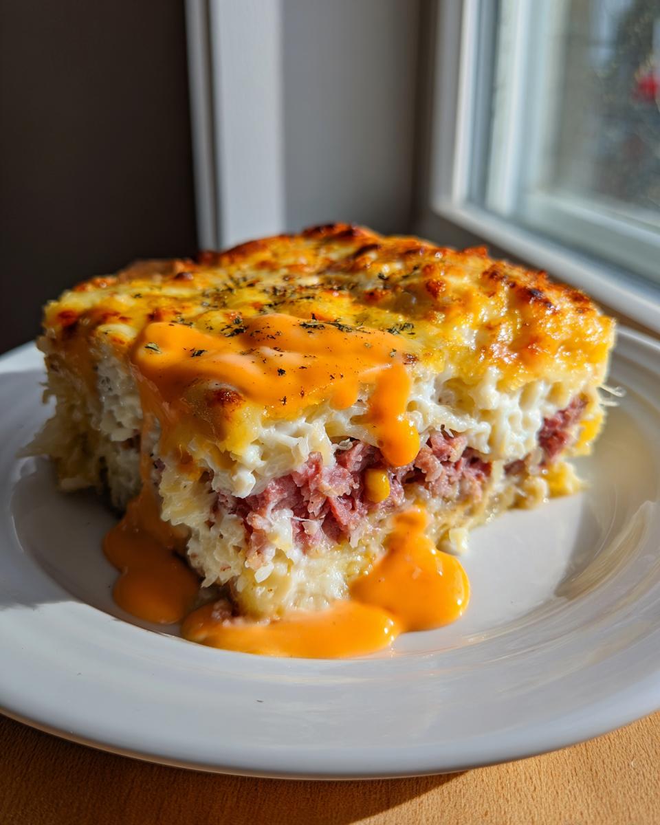 A close-up slice of homemade reuben bake featuring layers of corned beef, pasta, and melted cheese, drizzled with orange sauce.