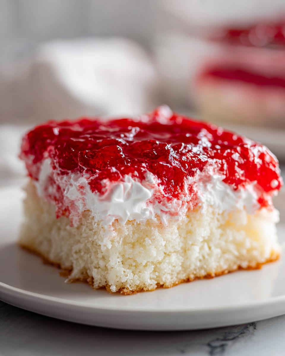 Close-up of a moist slice of jello poke cake featuring white cake, whipped topping, and bright red jello glaze.
