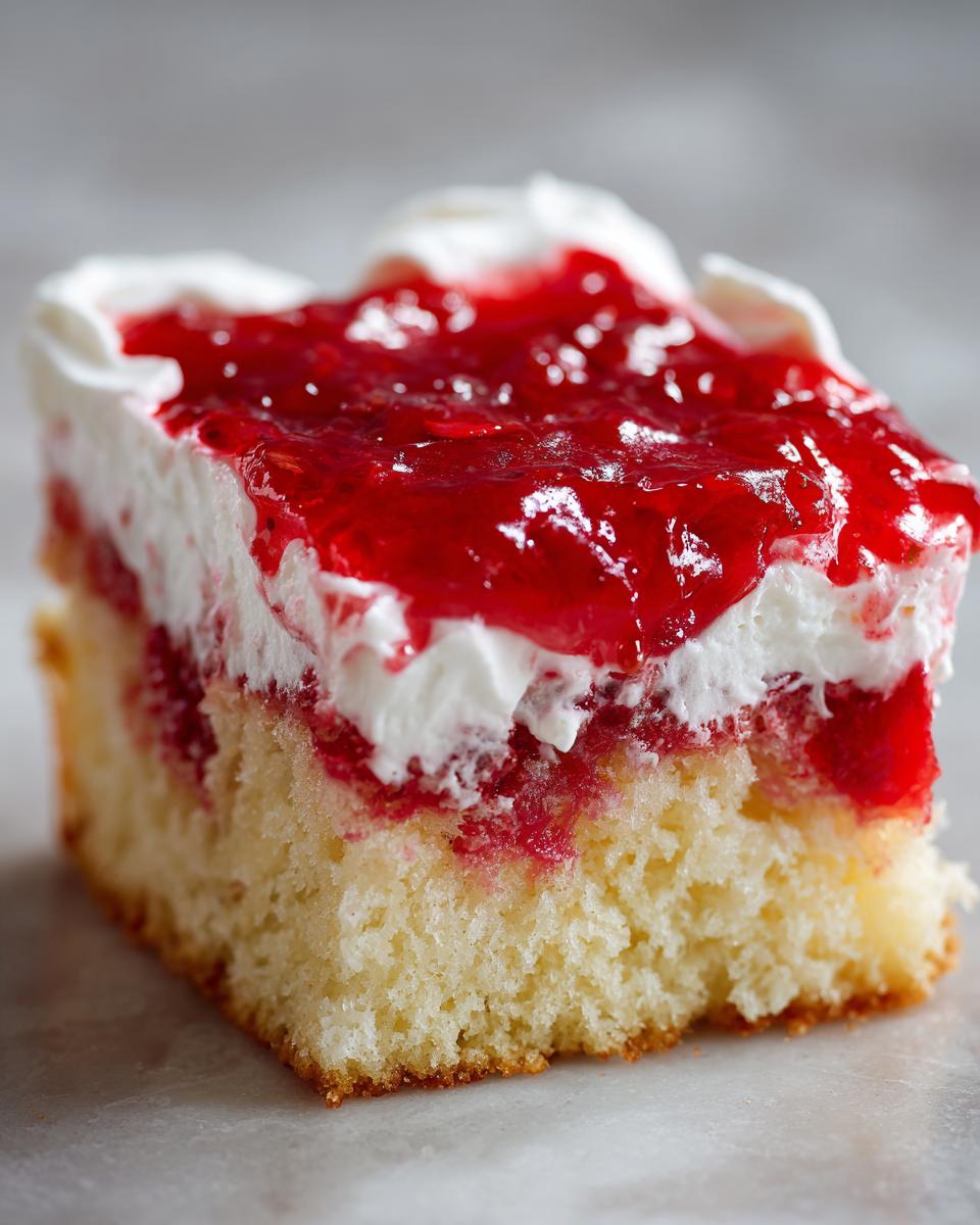Close-up of a moist slice of jello poke cake showing layers of yellow cake, white cream, and bright red gelatin topping.