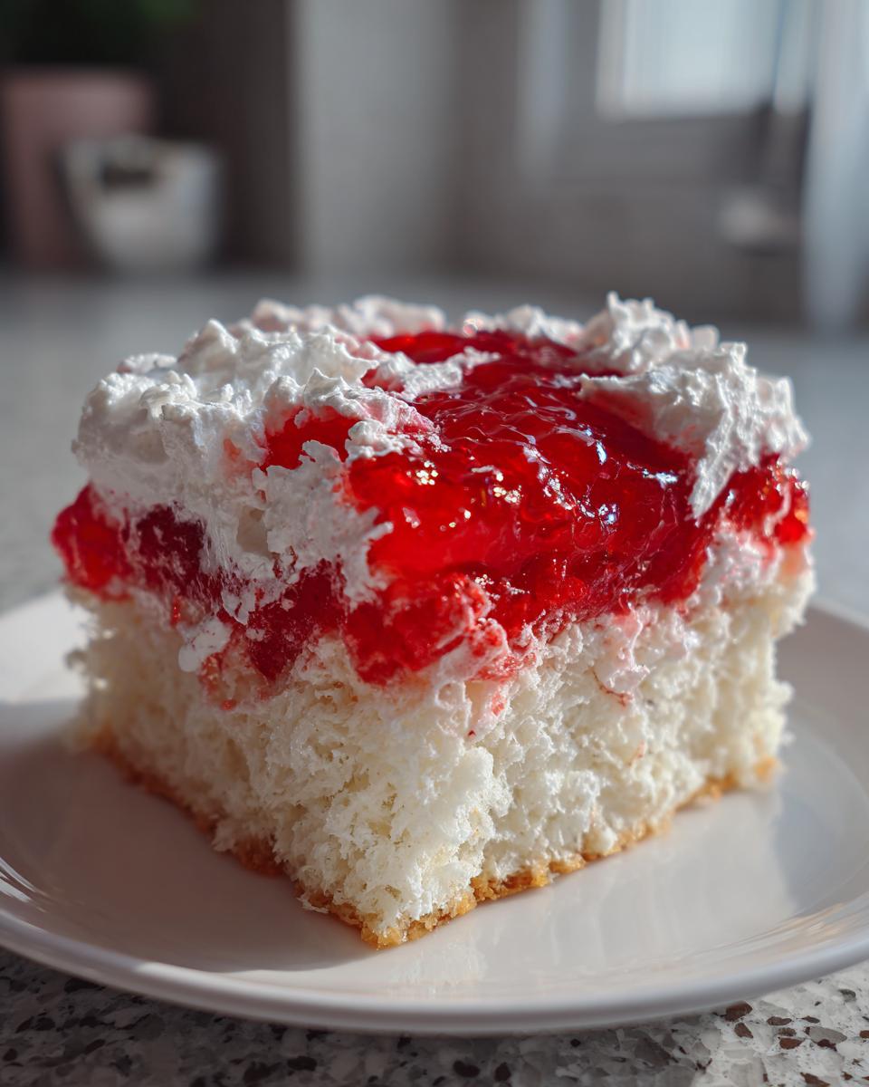 A square slice of moist jello poke cake topped with bright red gelatin and swirls of white whipped cream.