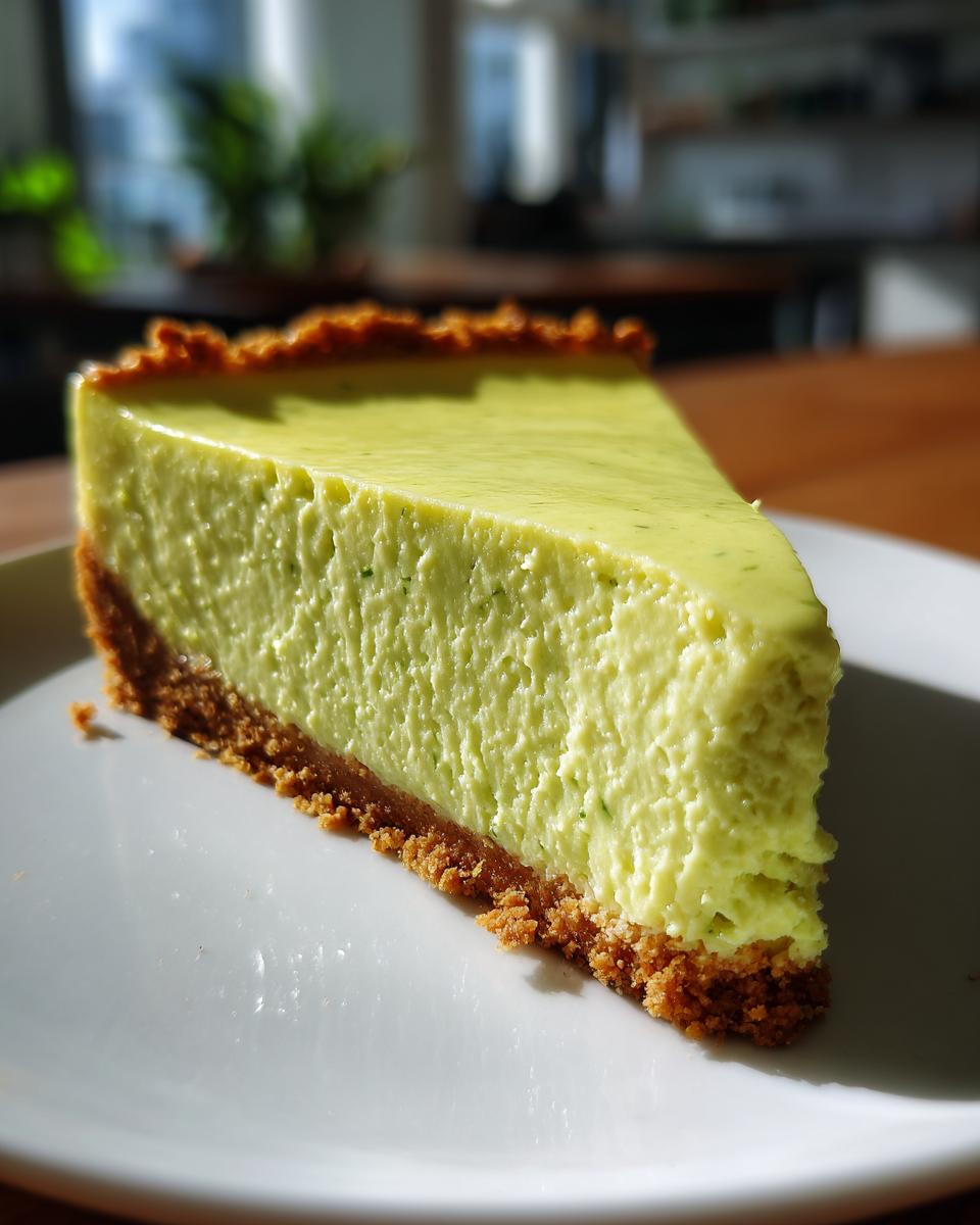 A close-up shot of a perfect slice of creamy key lime cheesecake resting on a white plate.