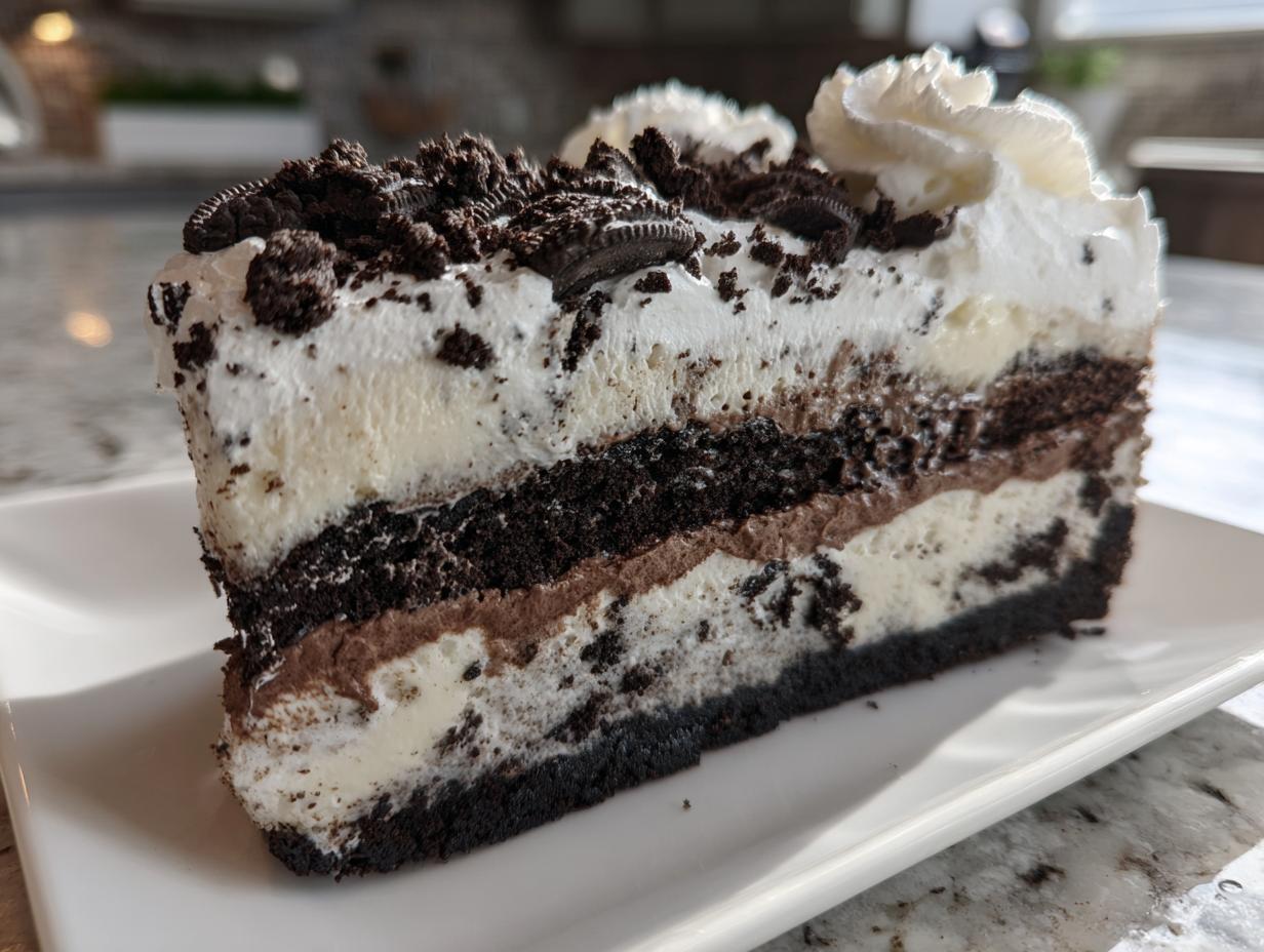 Close-up of a rich slice of layered ice cream cake featuring dark chocolate cookie crust, vanilla and chocolate ice cream layers, topped with whipped cream and cookie crumbles.