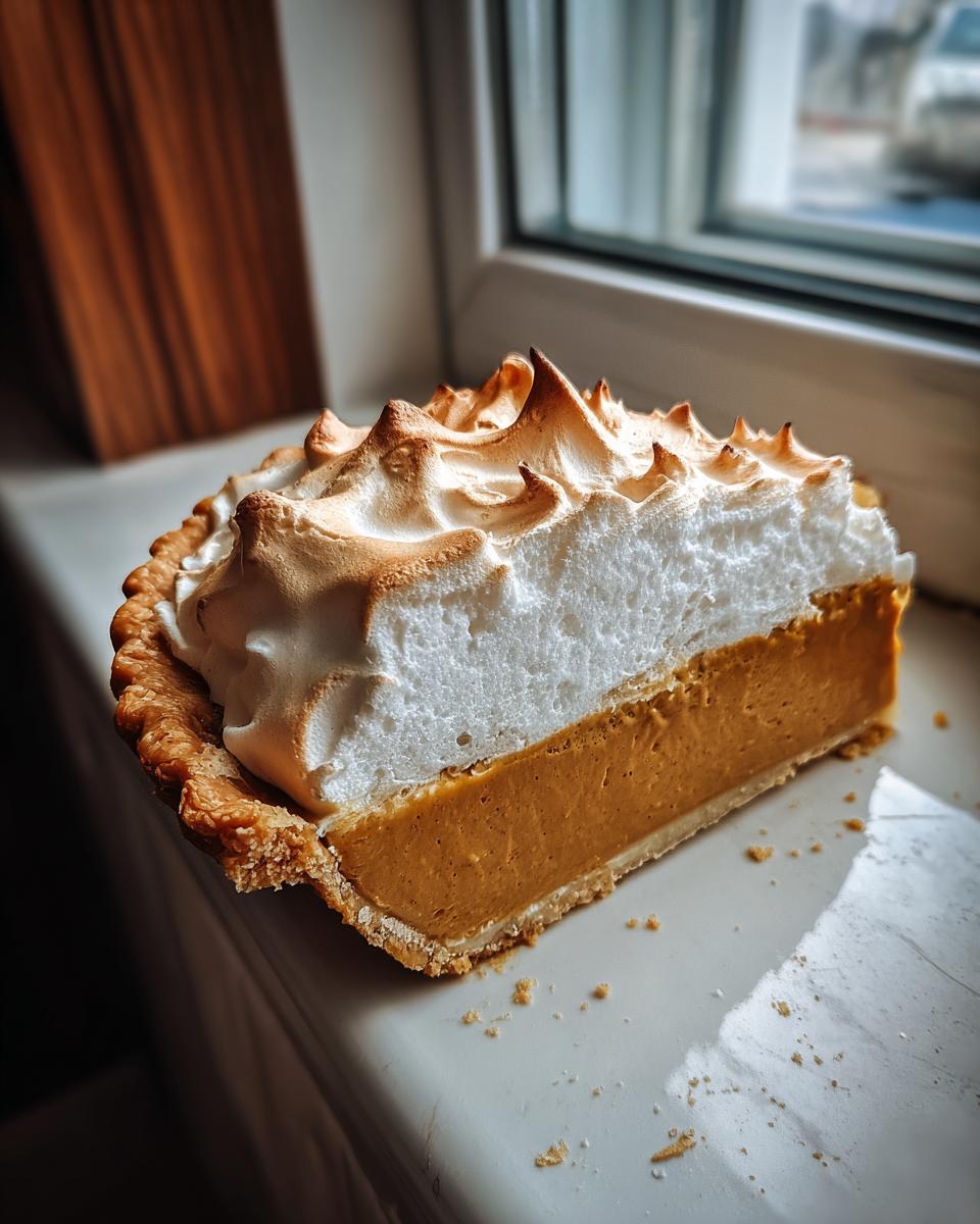 A tall slice of butterscotch pie with a thick, golden-brown filling and a toasted meringue topping, sitting by a window.