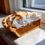 A close-up slice of butterscotch pie featuring a thick, orange filling and a tall, toasted meringue topping.