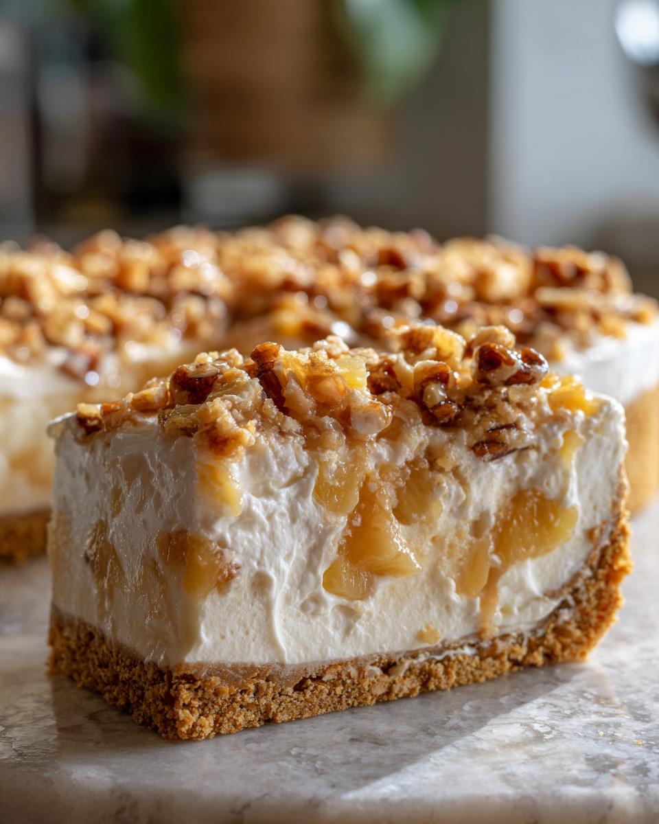 A thick slice of creamy Million Dollar Pie showing a graham cracker crust, white filling with fruit pieces, and a crunchy pecan topping.