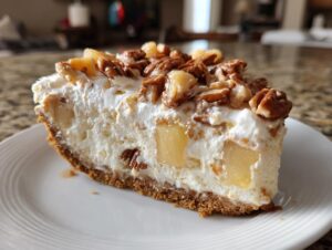 A generous slice of creamy Million Dollar Pie showing a graham cracker crust, pineapple chunks, and a pecan topping.