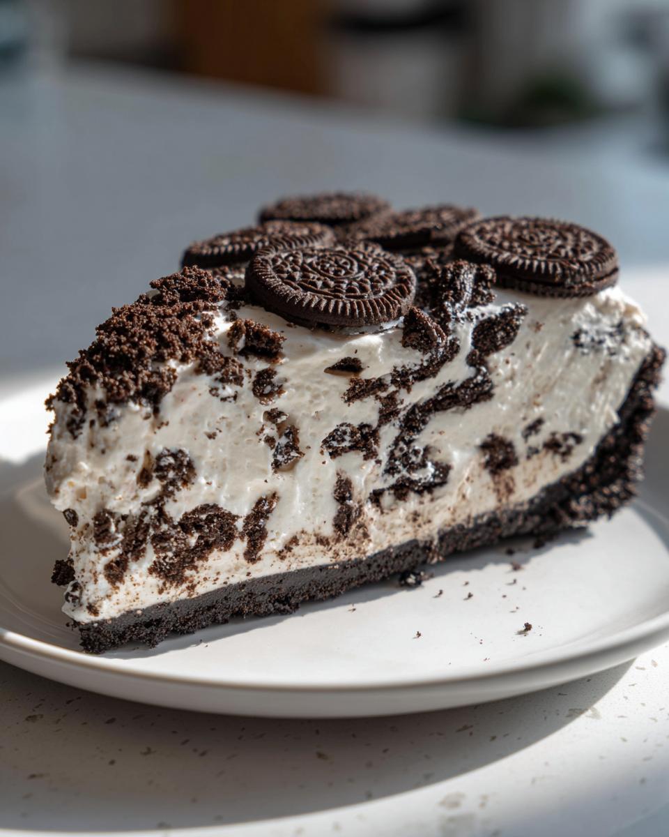 A decadent slice of no bake oreo pie featuring a creamy filling mixed with crushed cookies and topped with whole Oreos.