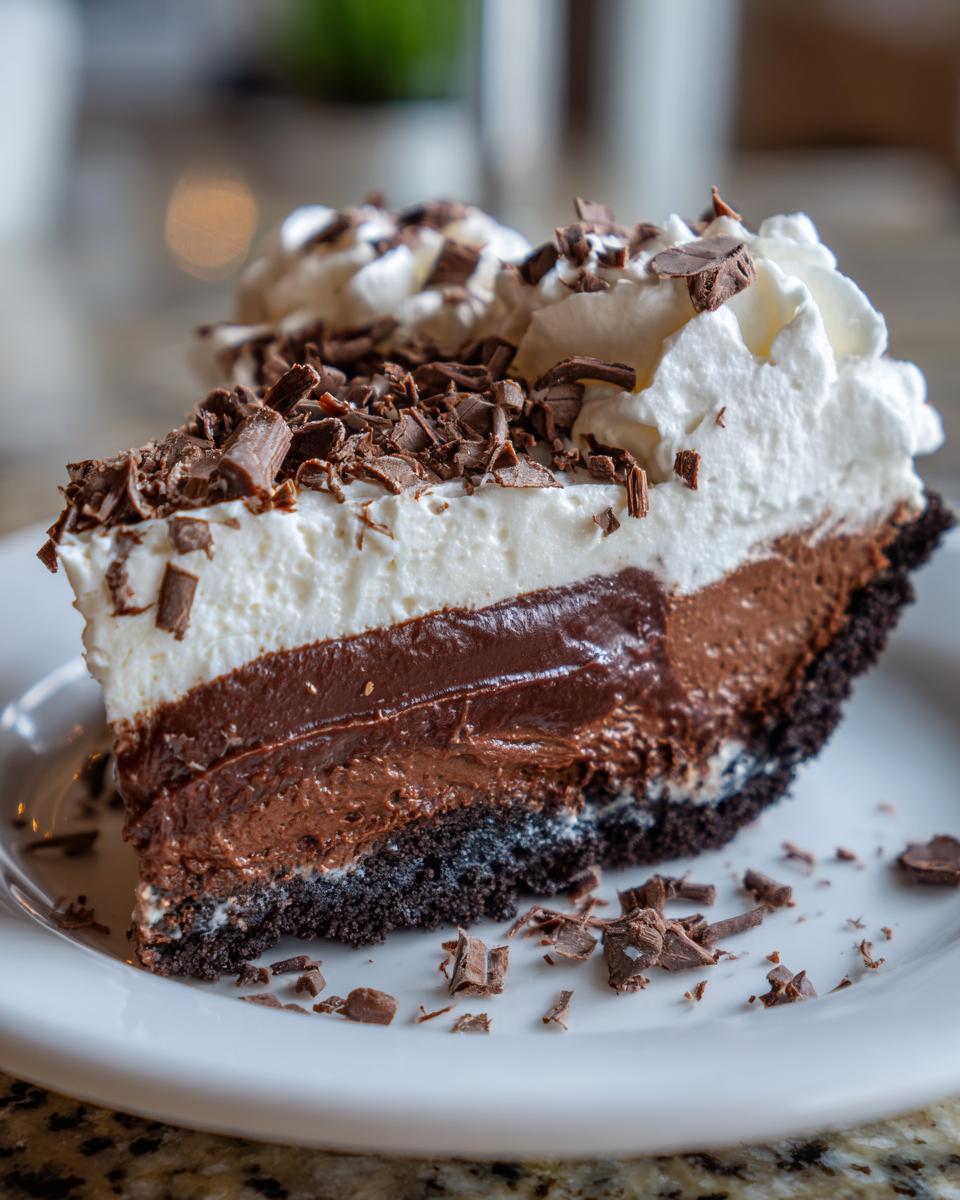 A decadent slice of 8-layer mud pie featuring dark crust, chocolate filling, whipped cream, and chocolate shavings.