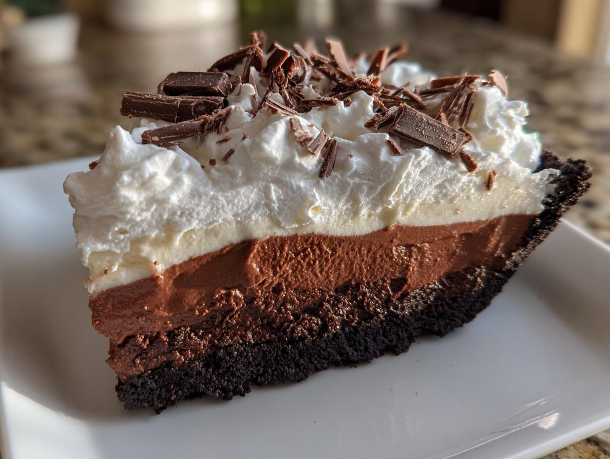 Close-up of a decadent slice of 8-layer mud pie showing chocolate crust, two chocolate mousse layers, vanilla layer, and whipped cream topping.