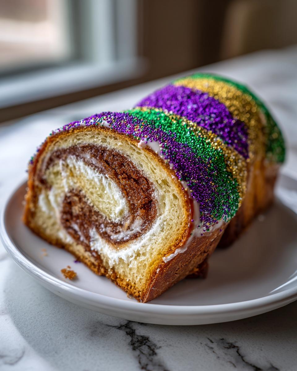 A cross-section slice of homemade king cake showing a cinnamon swirl filling, topped with white icing and purple, green, and gold sprinkles.