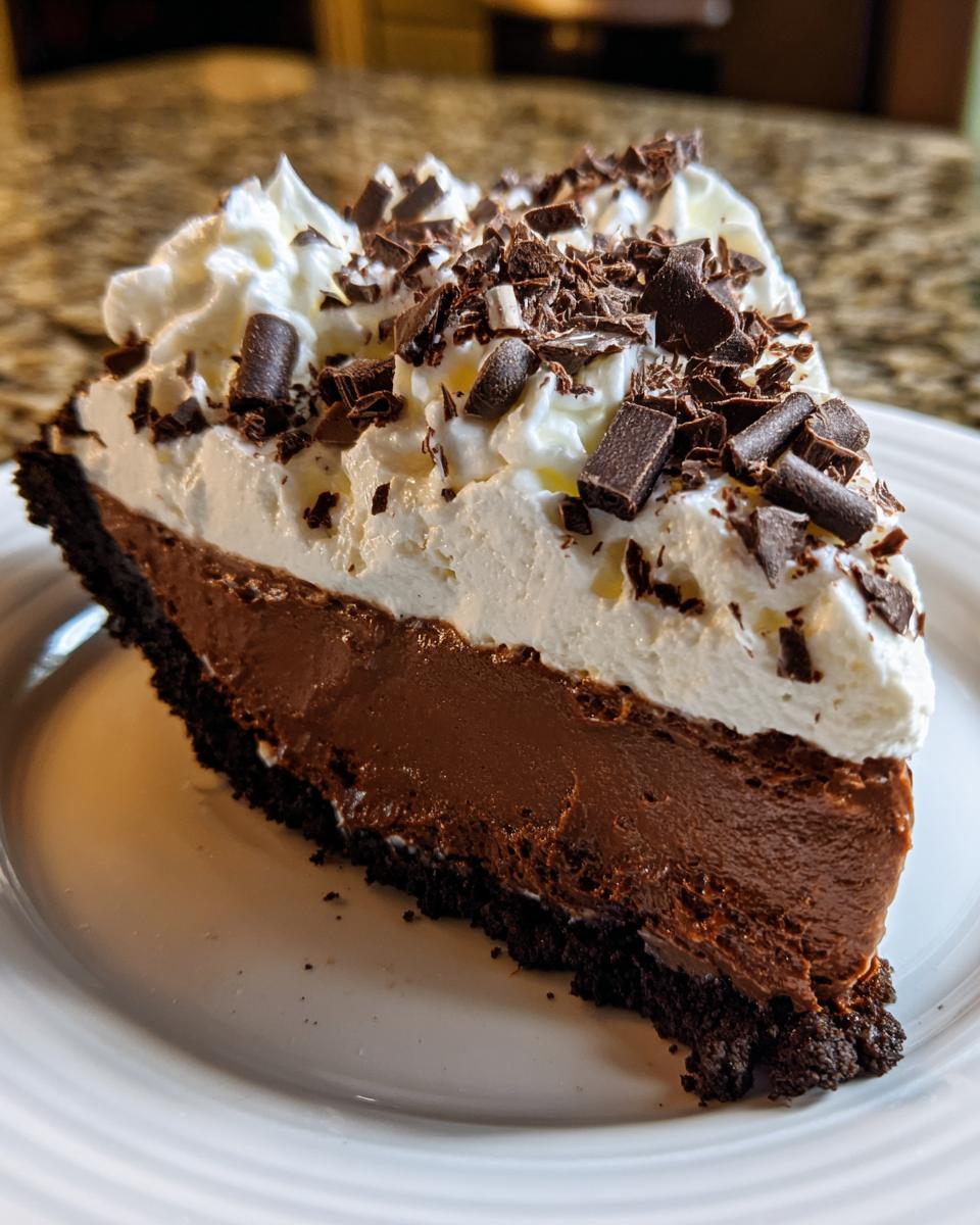 A decadent slice of mud pie featuring a dark crust, rich chocolate filling, whipped cream, and chocolate shavings.