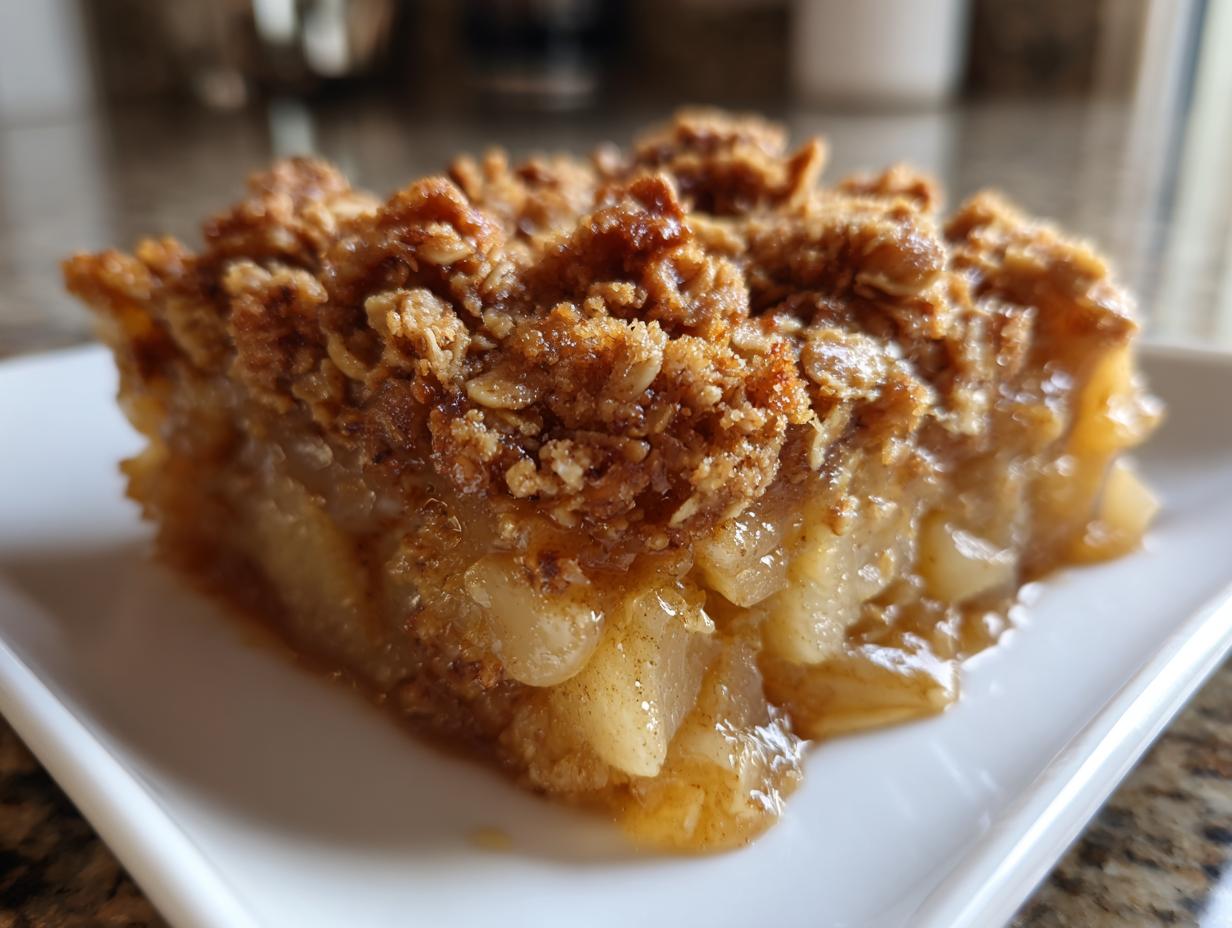 Close-up of a moist slice of pear crisp showing soft, spiced fruit filling and a thick, crunchy oat topping.