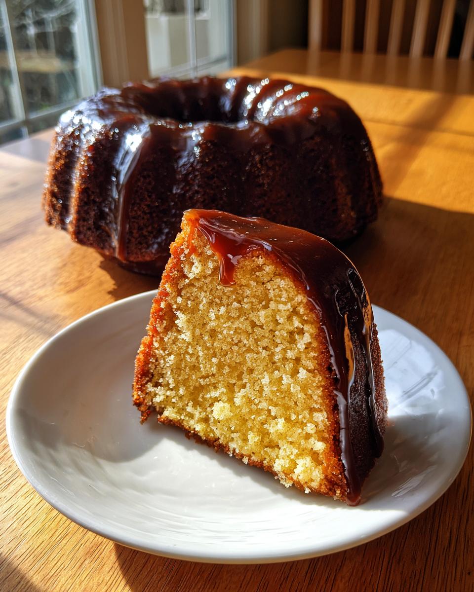 A slice of moist rum cake with rich caramel glaze on a white plate, with the rest of the bundt rum cake recipe visible behind it.