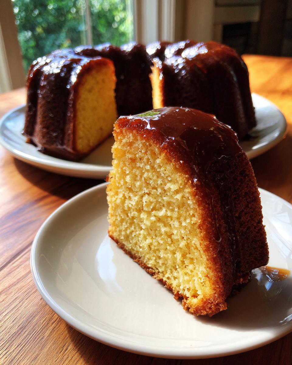 A close-up of a slice of moist rum cake with a rich, shiny glaze, with the rest of the bundt cake in the background.