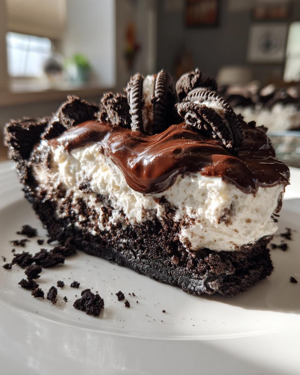 Close-up of a rich slice of ice cream pie with a dark chocolate crust, white filling, fudge drizzle, and Oreo cookie pieces.