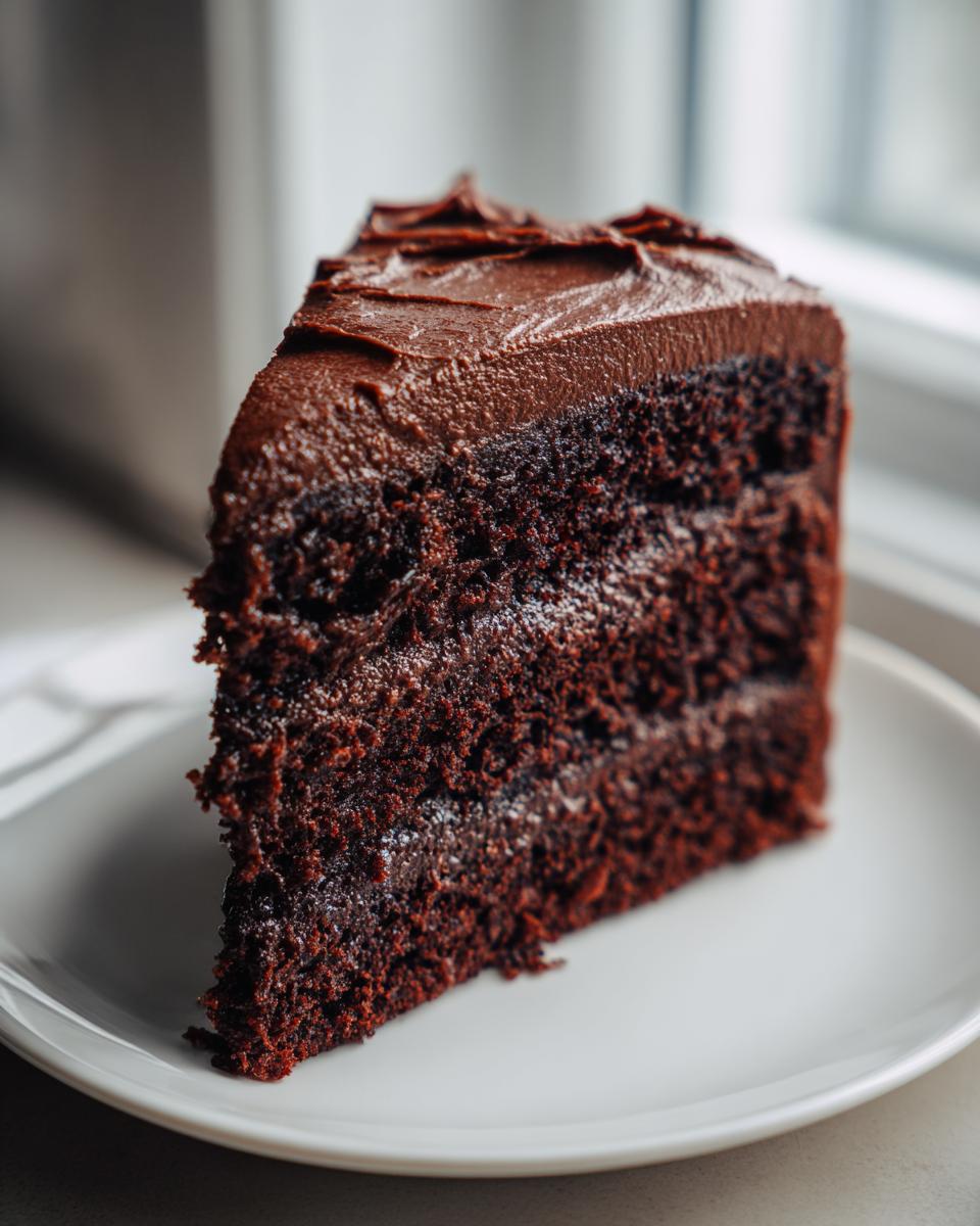 A moist slice of dark chocolate cake recipe layered with thick, fudgy chocolate frosting, sitting on a white plate.