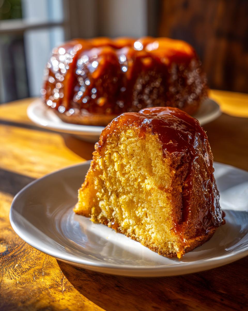 A close-up slice of moist, yellow rum cake topped with a thick, shiny caramel glaze, with the whole rum cake in the background.