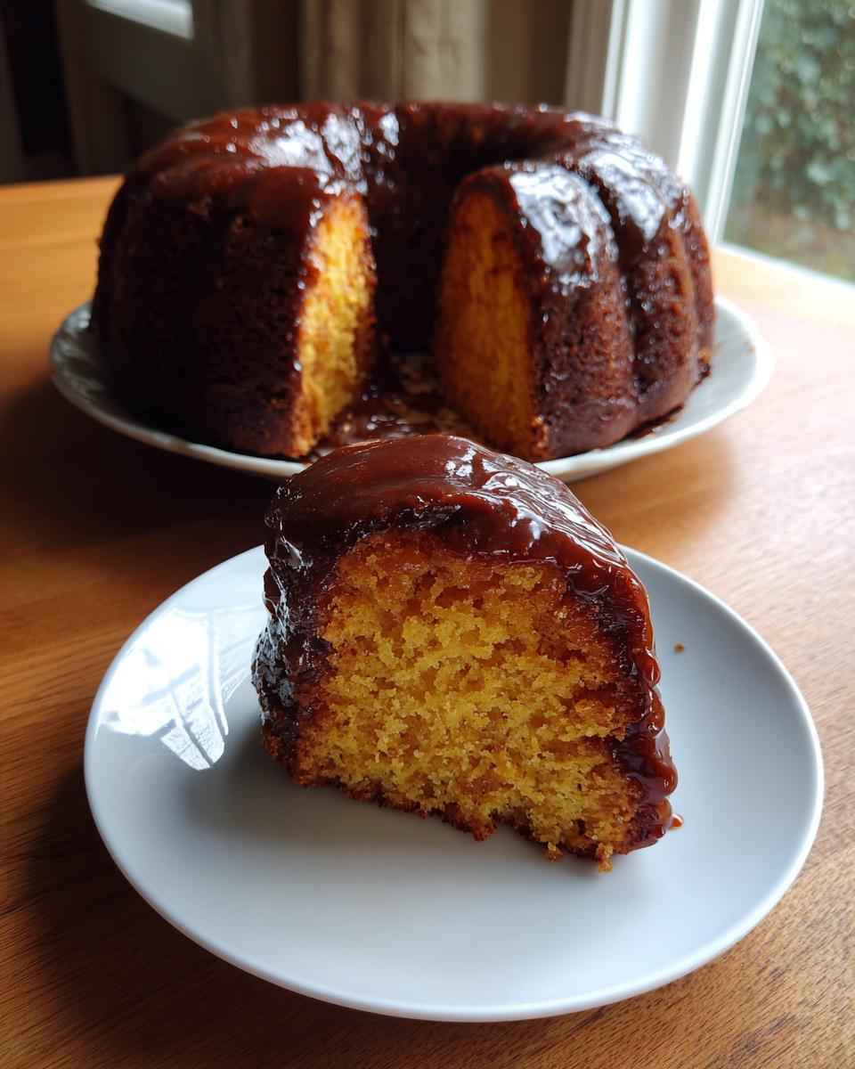 A slice of moist, yellow rum cake recipe covered in a rich, dark glaze, with the rest of the bundt cake blurred in the background.