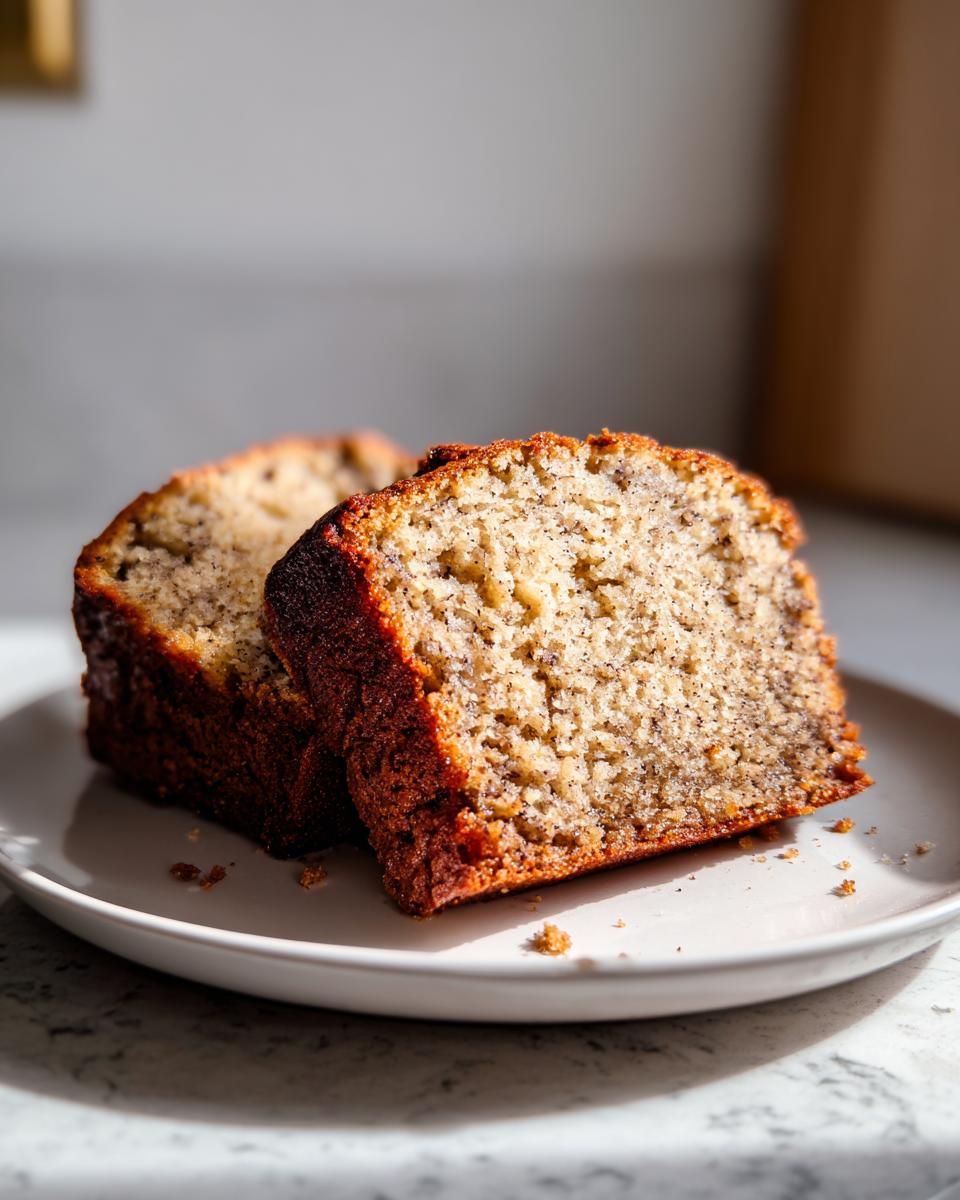 Two thick slices of moist greek yogurt banana bread showing the speckled texture, served on a light plate.
