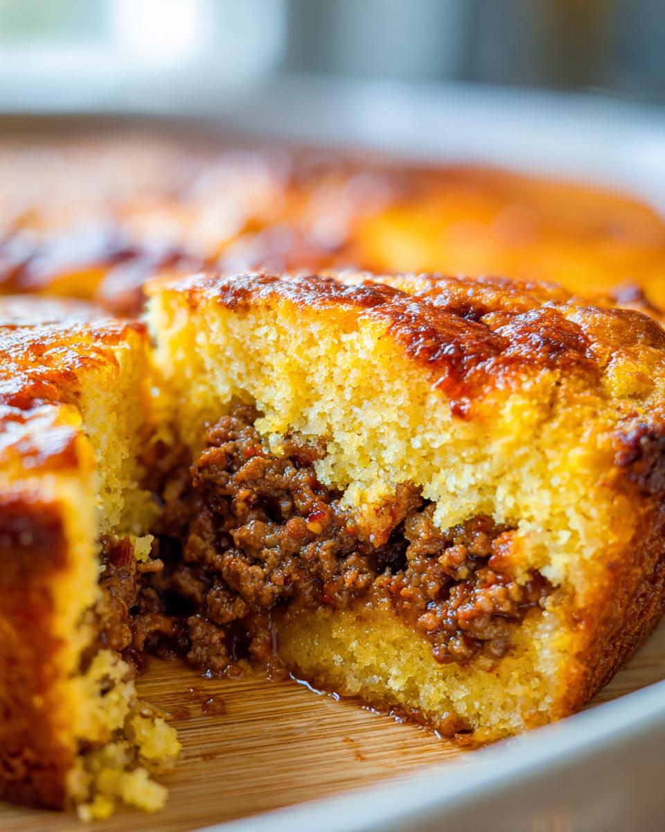 Close-up of a piece of sloppy joe cornbread casserole showing the savory meat filling inside the golden cornbread.