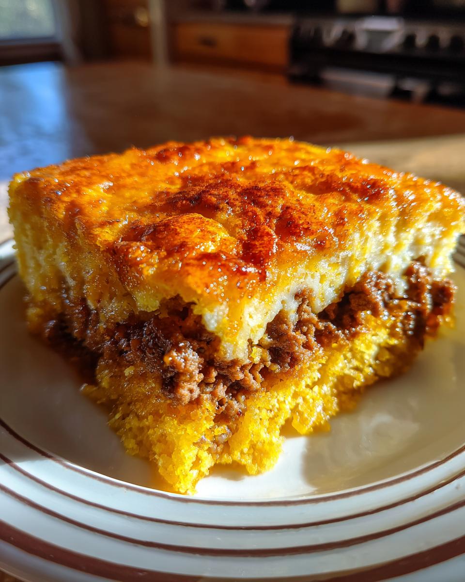 Close-up of a square slice of sloppy joe cornbread casserole showing a savory meat layer between two layers of golden cornbread.