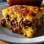 Close-up of a hearty slice of sloppy joe cornbread casserole showing the savory meat filling and golden, baked cornbread.